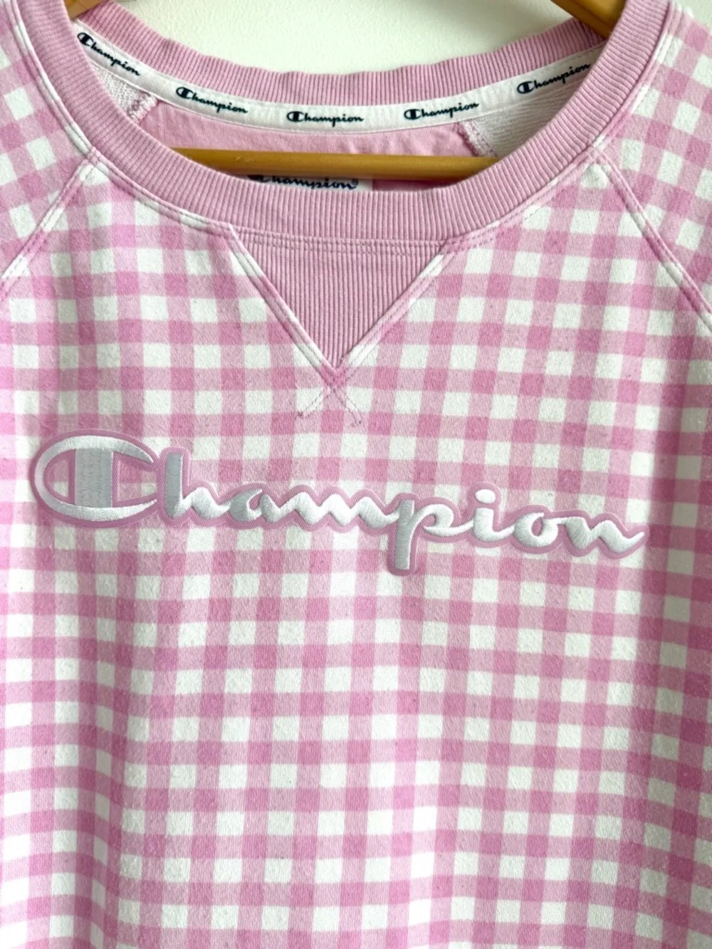 Champion Sweatshirt Pink Gingham Checkered Size M - Picture 2 of 11
